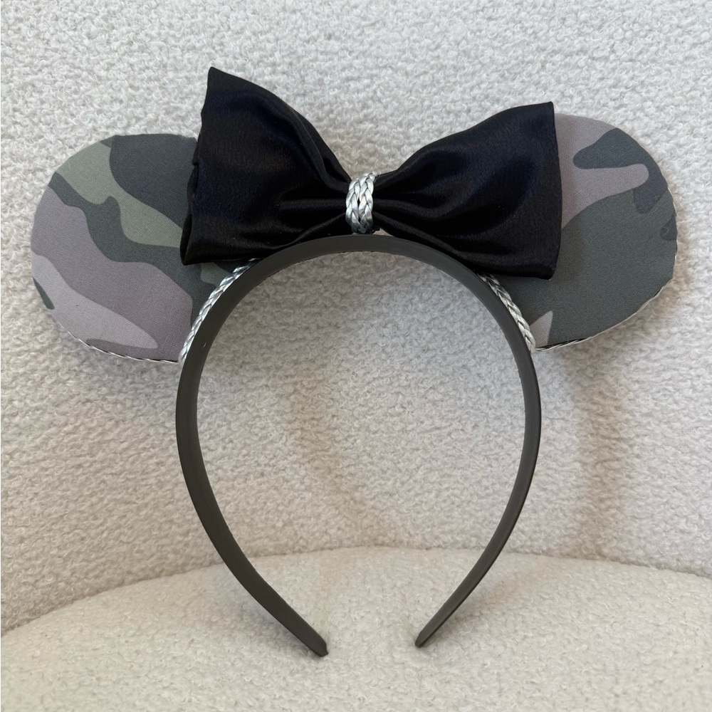 Disney Camo Mickey Mouse Ears Headband with Black Satin Bow and Silver Detail